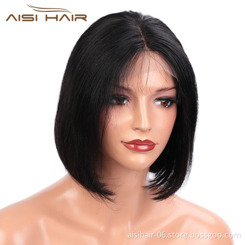 Aisi Hair 12 Inch Silky Straight Short Bob Black Wig Synthetic Swiss Lace Wig Wholesale Front Lace Hair Wigs For Black Women